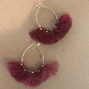 Gold Looped Earrings with Maroon Tassels